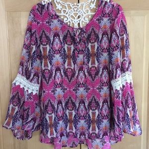 Lovely,  fuscia/eggplant/orange tunic w/ lace